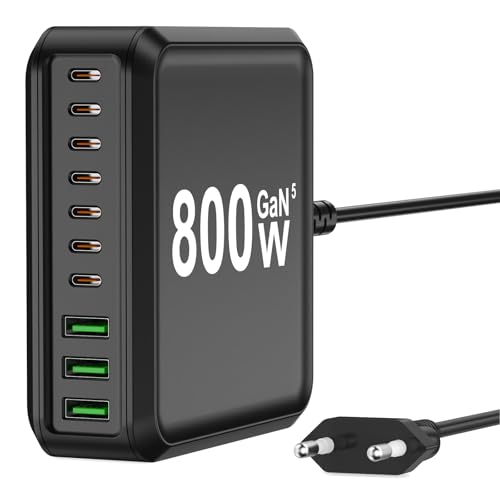 Cargador múltiple GaN de 800W con 10 puertos USB para ordenadores portátiles y móviles