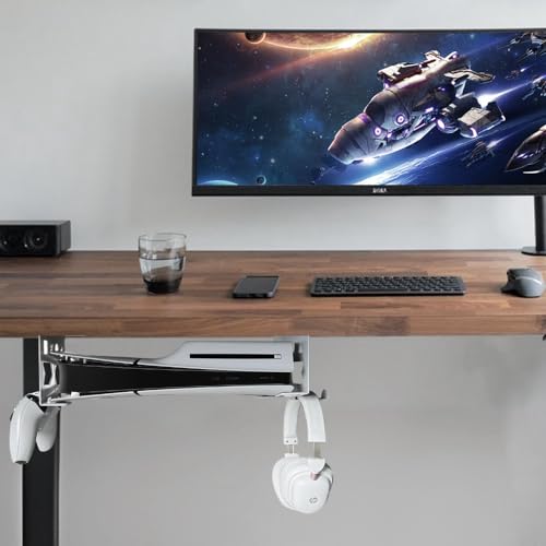 Image of Aluminum Under Desk Mount for PS5 /PS5 Slim /PS5 Pro Digital & Disc, Mount Under Desk with Removable Controller and Headphone Holder, No Drilling Required, White