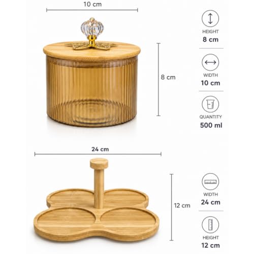 Image of 4 Jar Borosilicate Glass Storage Container Set with 360 Revolving Bamboo Tray (Round Jar with Knob)