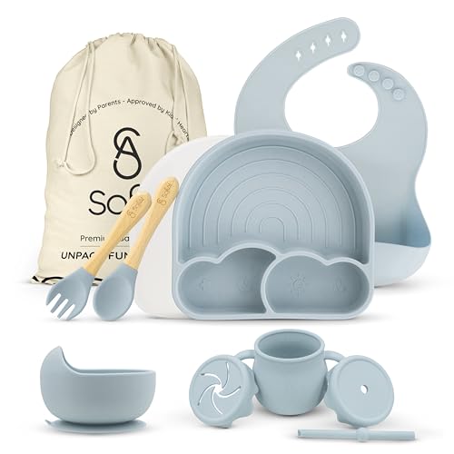 Image of SofiAl All In One Silicone Feeding Set - Safe for 6-12 Months - Non-Toxic Baby Led Weaning Supplies - Toddler Self Feeding Utensils - BPA-Free - Mess Free Essentials