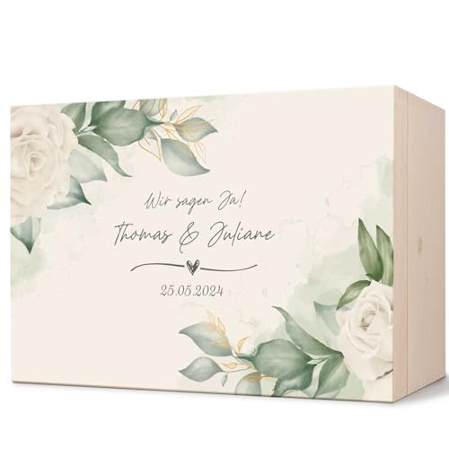 GRAVURZEILE Personalisierte Erinnerungskiste mit UV-Druck - Wedding Love Design - Personalisiert mit Namen & Datum - Erinnerungsbox für das Brautpaar - Geschenk zur Hochzeit