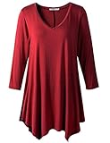 JollieLovin Womens Plus Size 3/4 Sleeve V-neck Flare Hem Loose-fit Tunic Top (2X, D WINE RED)