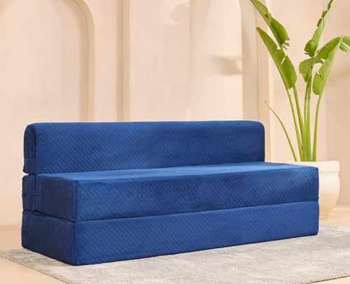 Image of uberlyfe Xtra High, Xtra Soft 3 Seater (6' x 6') Sofa Cum Bed | 1 Year Warranty | 17 inch Sofa Height | King Size Foldable Bed | Plush Laser Quilted Fabric | Deep Blue Color