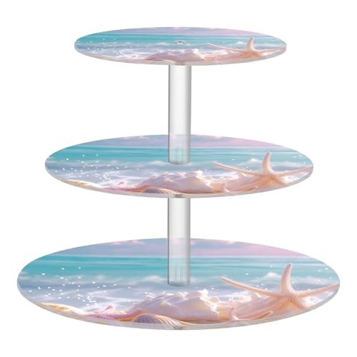 Gravopti Seashells at Beach Acrylic Cupcake Stand, 3-Tier Clear Dessert Display Tower with Round Cake Trays for Wedding Birthday Party