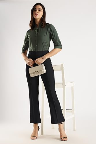 Image of SWADESI STUFF Women's Bell Bottom Trousers - High Waisted Wide Leg Palazzo Pants | Stretchy Cotton Blend Retro Pants for Casual, Office, Party