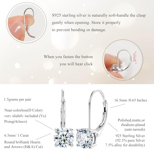 Image of Moissanite Stud Earrings for Men Women, 925 Sterling Silver 18K White Gold Plated, 1CT 6.5mm Round Cut, VVS1 D Color (0.6-2ct)