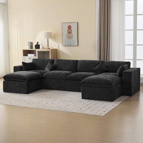 Image of 146''Cloud Boneless Modular Couch, Oversized Sectional Sofa Deep Seat with 2 Ottomans, Modern Upholstered Convertible U Shape Couch Comfy 6 Seater Chenille Sofa Couches for Living Room, Dark