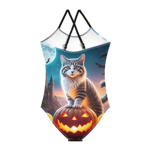 Cat Pumpkins Girls One Piece Swimsuit, Quick Dry Crossback Little Girls Bathing Suit for Beach 3T2