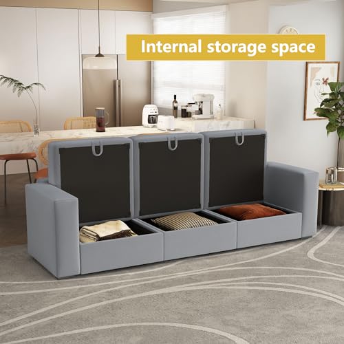 Image of QHITTY Modular Sofa, 3 Seater Accent Couch with Hidden Extra Large Storage Space for Living Room, Grey