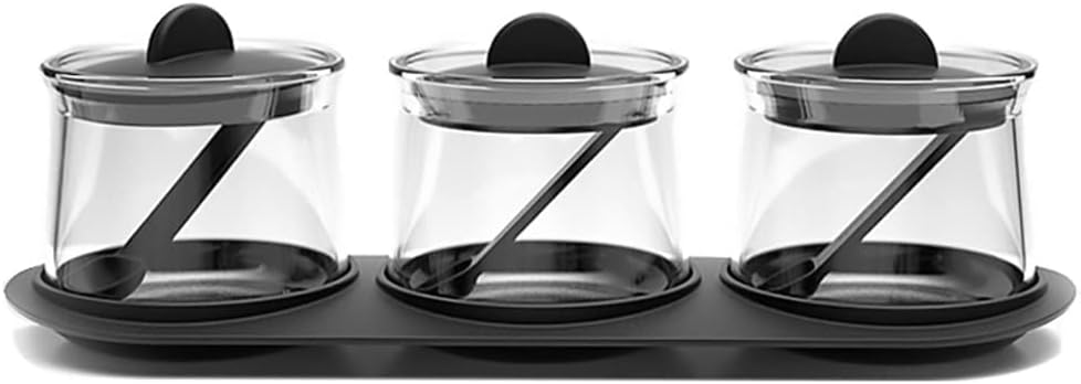 KITOME Condiment Spice Jar Container with Lids, Spoons and Tray, Clear Glass Seasoning Storage Box, Salt, Pepper, Spices and Pickle jar with Spoon Set of 3 for Kitchen (Black).