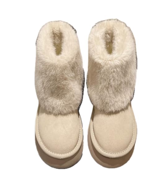 Womens Platform Suede Ankle Snow Boots Winter Warm Fuzzy and Plush Fur Lined Anti-Slip Short Pull on Cuff