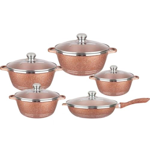 10 Piece Cooking Pot, Nonstick Cookware Sets Cooking Pots and Pans with Glass Lids,Marble Coated Aluminium Home Kitchenware with Saucepans,Frying Pan,Stock Pot