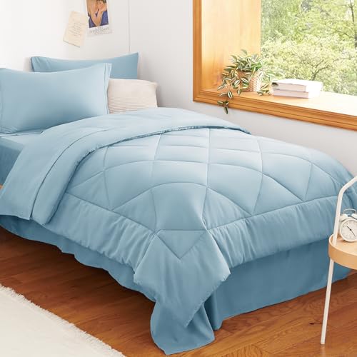 Image of CozyLux Twin XL Comforter Set Light Blue - 5 Pieces Twin Extra Long Bed in a Bag for College Dorm, All Season Bedding Set for Girls and Boys, Soft Bed Set with Comforter, Sheets, Pillowcase & Sham