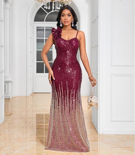 Image of Cololura Women Sexy Elegant Sequin High Split Ruffled Hem Mermaid Party Cocktail Bodycon Formal Evening Gowns Maxi Dress