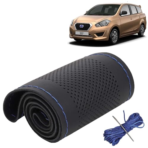 Image of KINGSWAY PU Leatherite Car Steering Cover Sewable Compatible with Datsun Go Plus (Year 2014 Onwards), Black Color with Blue Thread, Pack of 1 with Sewing Needle and Thread