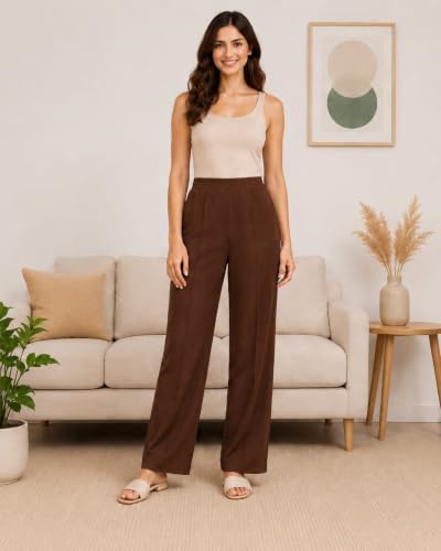 Image of Women's Mid Rise Wide Leg Trousers with Elastic Waist & Pockets