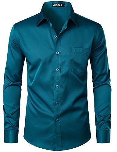 ZEROYAA Mens Urban Stylish Casual Business Slim Fit Long Sleeve Button Up Dress Shirt with Pocket ZLCL29 Teal X-Large