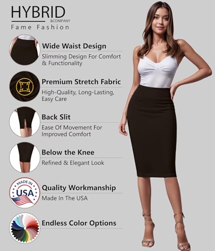 Image of Hybrid & Company Women's Premium Nylon Ponte Stretch High Waist Pencil Suit Skirt Below Knee