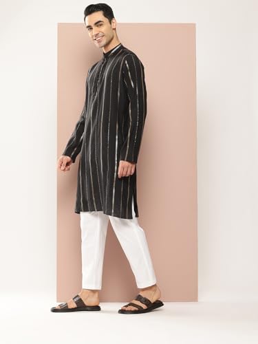 Image of See Designs Men's Long Sleeve Side Slit Chanderi Silk Sequins Mandarin Collar Kurta