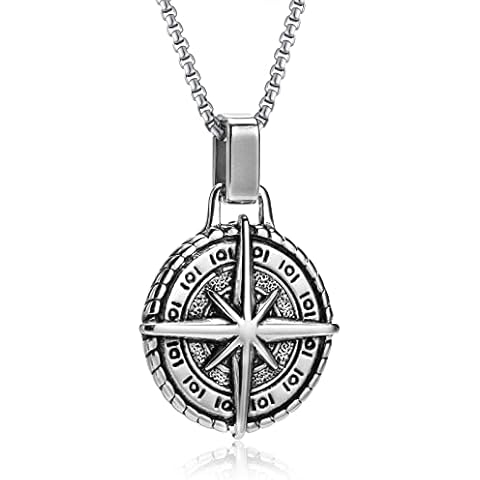 XUANPAI Mens Necklaces Compass Necklace, North Star Compass Pendant with Silver Chain 24 inch, Stainless Steel Necklace Chain for Men (Silver) Cover
