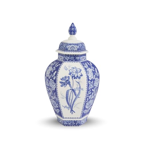 Spode Blue Italian Porcelain Vase - 15.5 Inch Statement Jar with Floral Motifs & Lid - Blue & White Classic European Style for Home Centerpieces & Decorative Accents, Ideal Wedding Gift