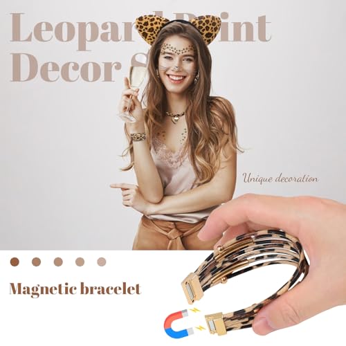 Rdlobu Costume de léopard 5 pièces pour femme, serre-tête avec oreilles de léopard, tatouage, bracelet, collier, boucles d'oreilles pour Halloween, carnaval, cosplay, mascarade – vue 3
