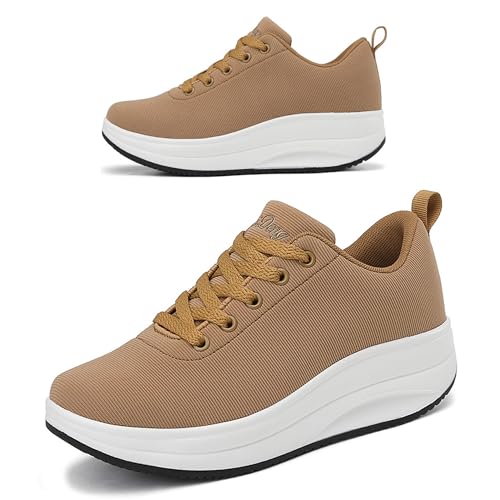 RUIDENG Womens Sneakers Platform Comfort | Women Non Slip Work Shoes Light As Air | 2 Inch Rocker Bottom Khaki Size 5