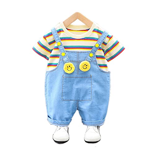 Bold N Elegant Stripe Print Happy Smile Face Half Sleeve Kids T-Shirt with Denim Dungaree Bibshorts for Baby Boy & Girl
