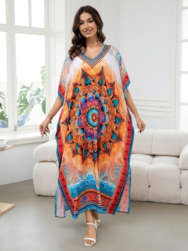 Image of IMAGEKOPE Women's Plus Size Loose Fit Moroccan Print V-Neck Batwing Kaftan Beach Dress Bathing Suit Cover Up