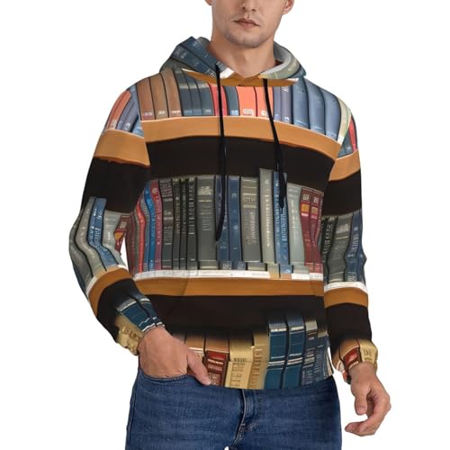 Library Bookshelf Men'S Casual Sweatshirt Hoodie, Long Sleeve Hooded Pullover With Pocket And Drawstring