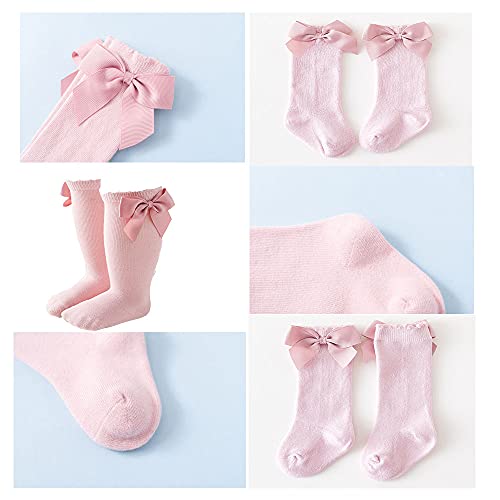 Baby Girls Cotton Knee High Socks 6 Pack Toddlers Infants Sewn Bow Ruffled Long Stocking Unifom Socks3