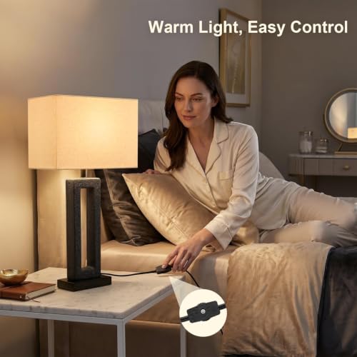 Image of 22 inch Matte Black Textured Ceramic Table Lamps Set of 2, Modern Bedside Lamps with Linen Shade, 5ft Cord Inline Rotary Gear Switch E26 Nightstand Lamp for Bedroom Living Room Entryway Decor
