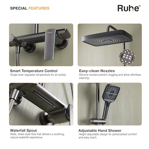 Image of Ruhe Rain Smart Shower Panel Set, Triple Flow Functions, Wall-Mount Matte Finish | Adjustable Height Shower Panel | Includes Overhead Shower, Triple Flow Hand Shower with Installation Accessories