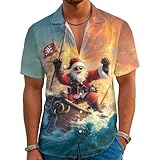 NLZI Santa Claus Hawaiian Shirt for Men Pirate Ship Casual Button Down Short Sleeve Christmas Aloha Shirt Party Outfits