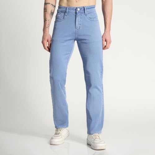 Image of Cotton Comfort Fit Jeans for Men | Full-Length Solid Denim Pants with Button Closure, Embroidered Design, Mid-Rise Casual Trousers for Daily | Classic Jeans for Office Bottoms (DI-249)