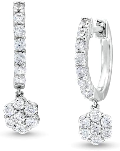 DJ || Handmade 3.20 Ct Round Cut Diamond Flower Cluster Hoop & Dangle Earrings For Women's 14K White Gold Finish