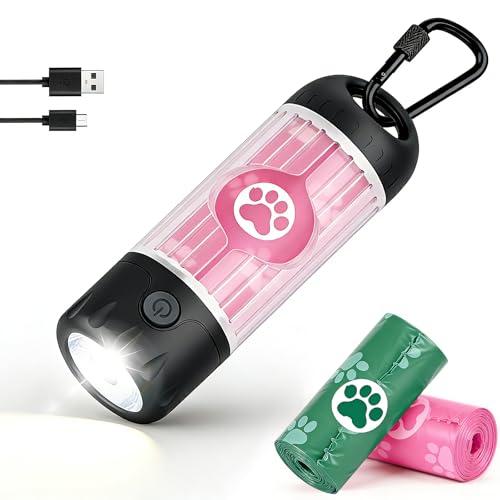 Yesbular Dog Poop Bag Holder with Flashlight 7-Color, USB-C Rechargeable Poop Bag Displenser for Leashes, IPX6 Waterproof Anti-Slip Clip Pet Waste Bag Holder for Walking (1 Dispenser, 30 Bags)