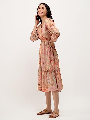 Image of AASK Abstract Printed Puff Sleeve Gathered Detailed Fit Flare Dress