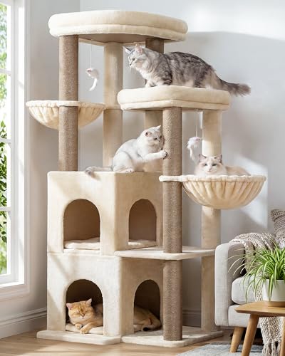 Image of Globlazer Cat Tree Tower for Indoor Cats, Sturdy Adult Cat Tree House for Large Adult Cats with 2 Platform, 6 Cat Scratching Post, 2 Cat Caves, Dangling Toys, S63, 63 inch, Beige