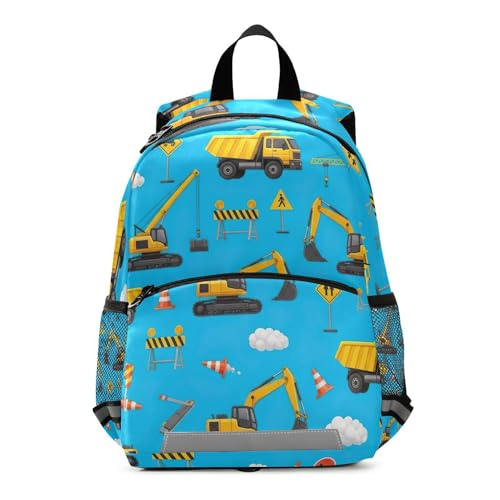 Toddler Girl Backpack with Leash, Yellow Construction Vehicles Travel Book Bag Mini Kids School Backpacks
