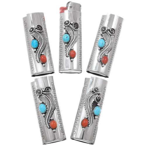 Funda para encendedor de plata esterlina con turquesa y coral auténticos, diseño de hoja y flor, estilo nativo americano del Suroeste miniatura 2