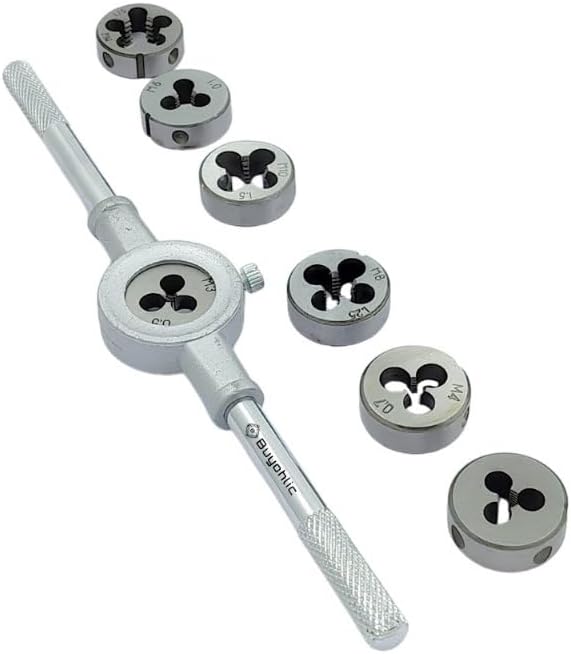 Buyohlic 8 Pcs Metric Die Set & Adjustable Wrench Holder with M3-M12 Dies Threading and Rethreading Cutting External Thread Processing Tapping