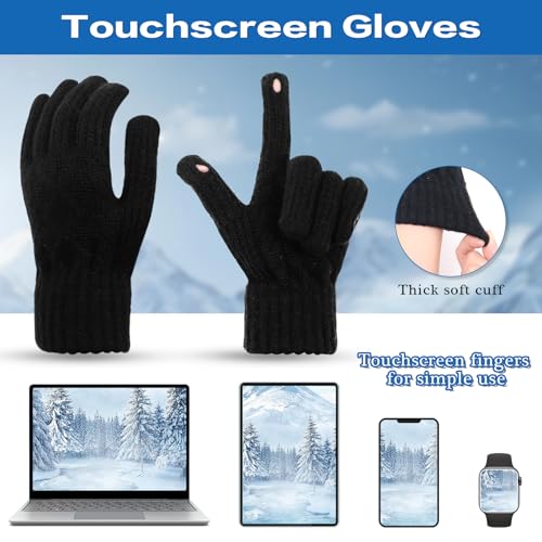 Winter Beanie Hat Scarf Gloves Set for Women Knit Touchscreen Gloves with Warm Pom Pom Satin Lined Hat Long Knit Scarf 3 In 13