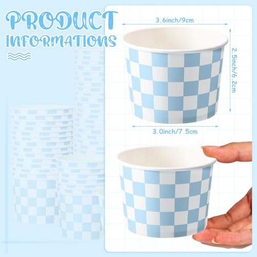 Image of Zopeal 50 Count Light Blue Checkered Ice Cream Cups Disposable Race Car
