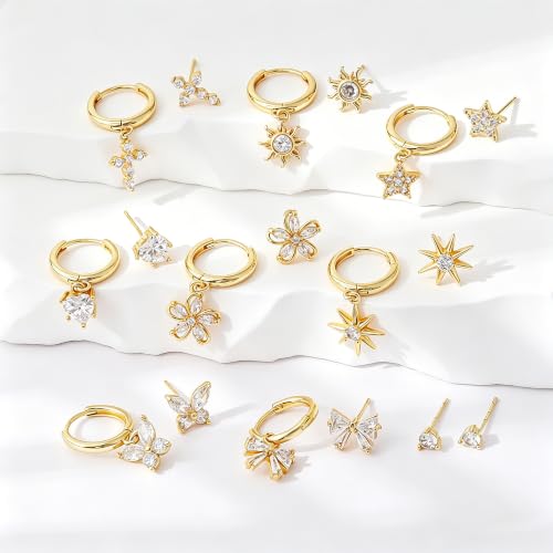 SHERLOVE Gold Earring Stacks Women 3Pairs Dangle Stud Huggie Hoop Set Sun by SHERLOVE - Used condition - Image 6