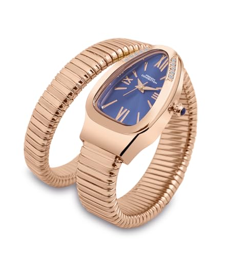Image of French Connection Eternelle Curve | Blue Dial with Rose Gold Case | Flexible Wrap Bracelet Strap | Crystal Accent Design | Roman Numerals Analog Watch for Women - FCN0142URGM