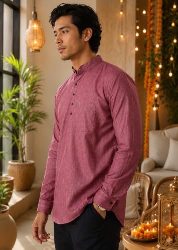 Image of Majestic Man Men's Cotton Blend Textured Regular Fit Full Sleeve Short Kurta
