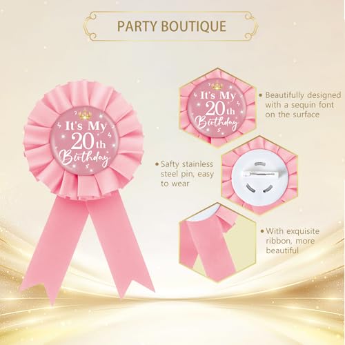 Image of It's My 20th Birthday Tinplate Badge Pin, Crown Happy 20th Birthday Button Pin, Twenty Birthday Pink Rosette Award Ribbon Pin for Women, Brooch Buttons for 20 Years Old Birthday Party Decoration