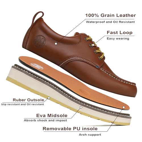 HandPoint Men's Stylish Classic 4" SureTrack Soft Toe Leather Slip Resistant Durable Breathable Oxford Work Boot 82994 Wide (Brown, Numeric_8.5)2