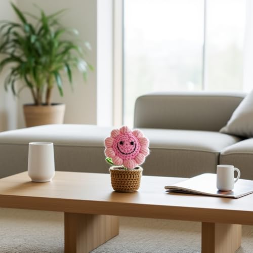 Image of 14CM Height Handmade Crochet Smiling Flower Pot for Home & Office Decor, Cute Aesthetic Desk Showpiece, Positive Vibes Table Decor, Thoughtful Gift for Friends & Loved Ones (Joy Bloom Pink)